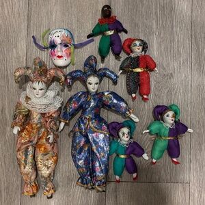 Vintage Clown Harlequin Jester Ceramic Plush Dolls